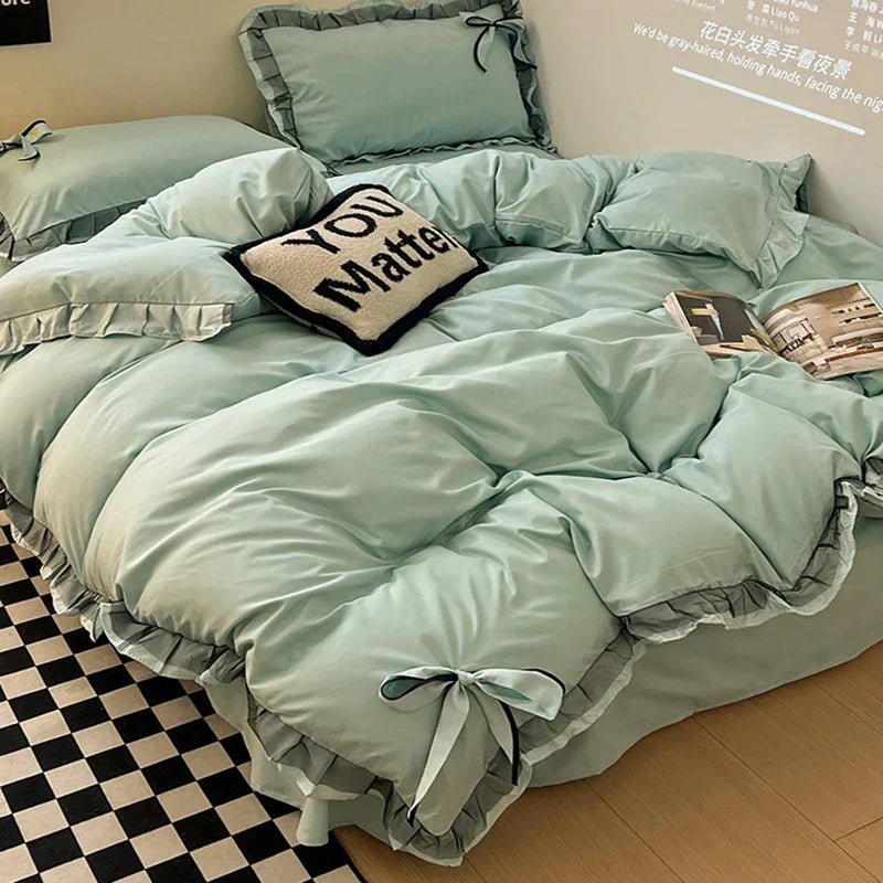 DecorBites™ Cotton Embroidery Bedding Set with Lace for All Seasons