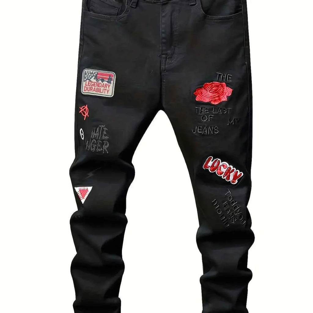 Men's slim fit embroidered elastic straight denim pants