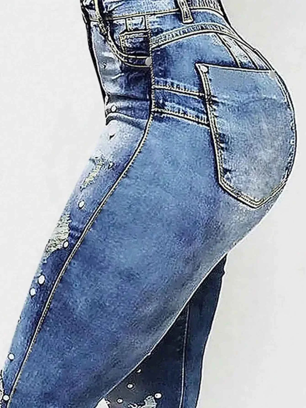 Women's Custom Made High Waisted Ripped Flared Jeans with Beads, Elastic Denim Street Style