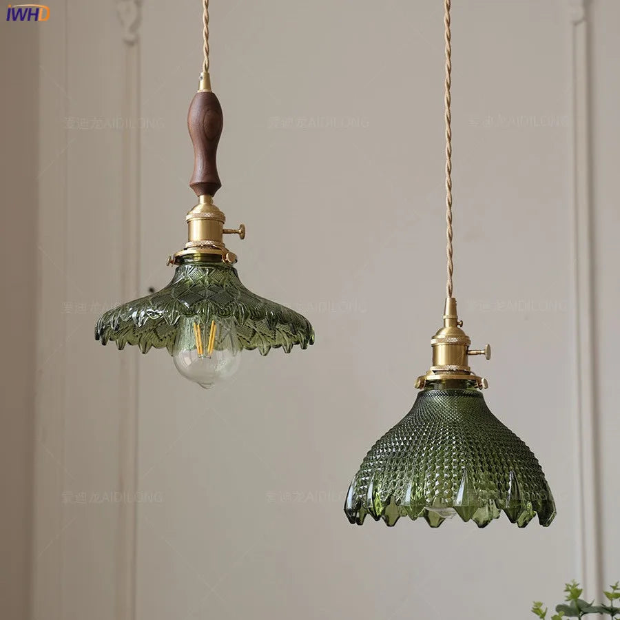 DecorBites™ Green Glass LED Pendant Lamp with Copper Wood Handle for Modern Nordic Home Decor