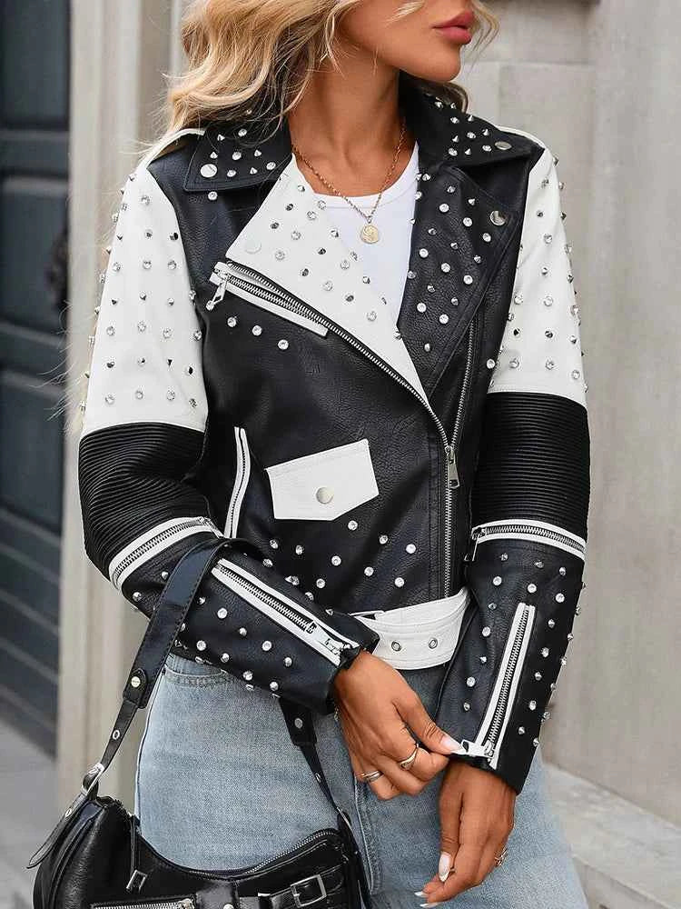 Women's Street Rivet Black White Faux Leather Jacket Moto Biker Punk Jacket