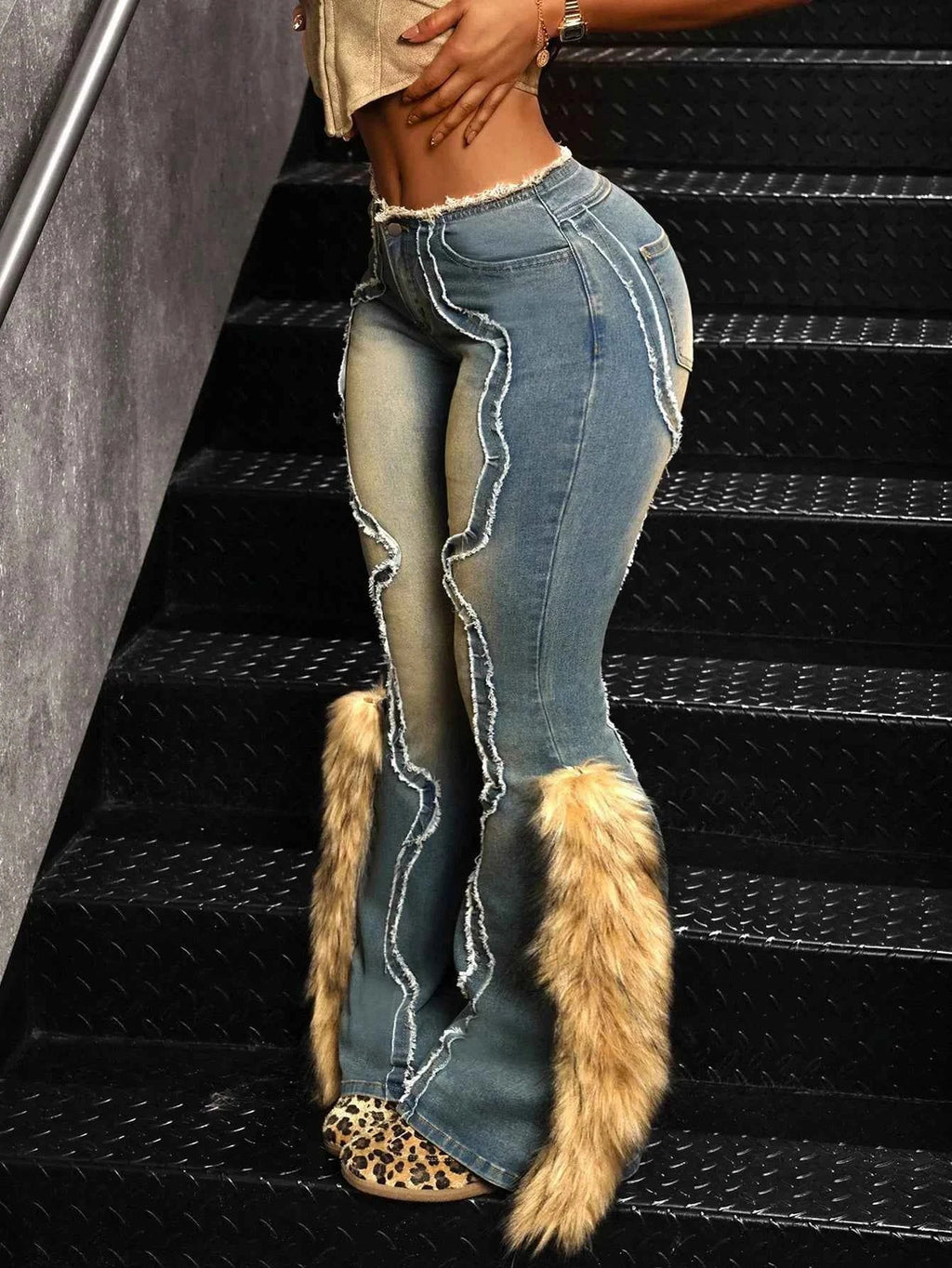 Vintage Fuzzy Patch Fur Trim Flared Denim Jeans for Women, High Waist Stretchy Streetwear