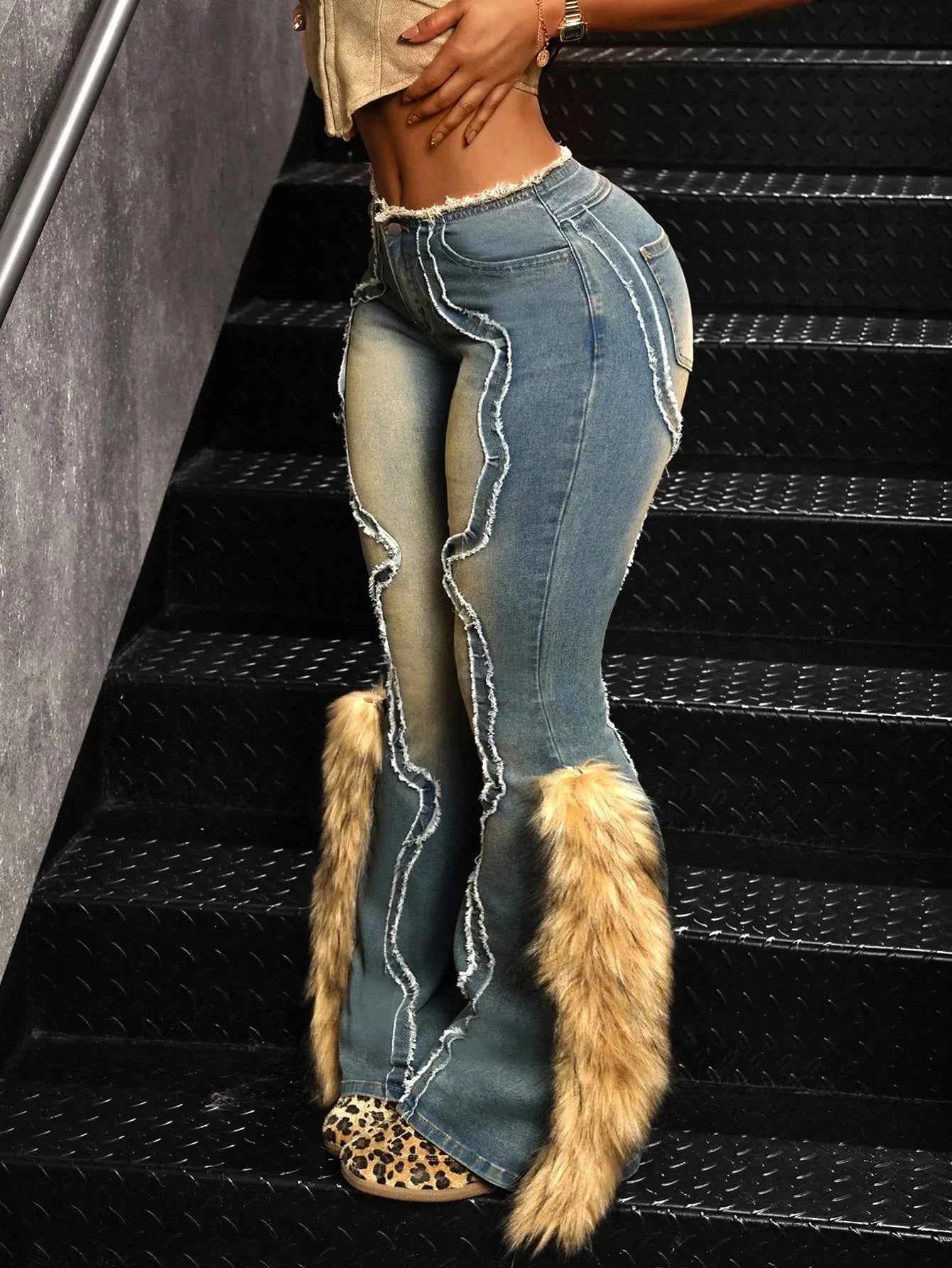 Vintage Fuzzy Patch Fur Trim Flared Denim Jeans for Women, High Waist Stretchy Streetwear