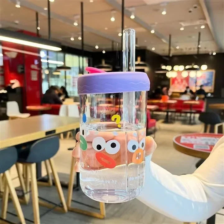 DecorBites™ Kawaii Glasses with Lid and Straw Bubble Tea Cup - 550ml Cute Drinkware