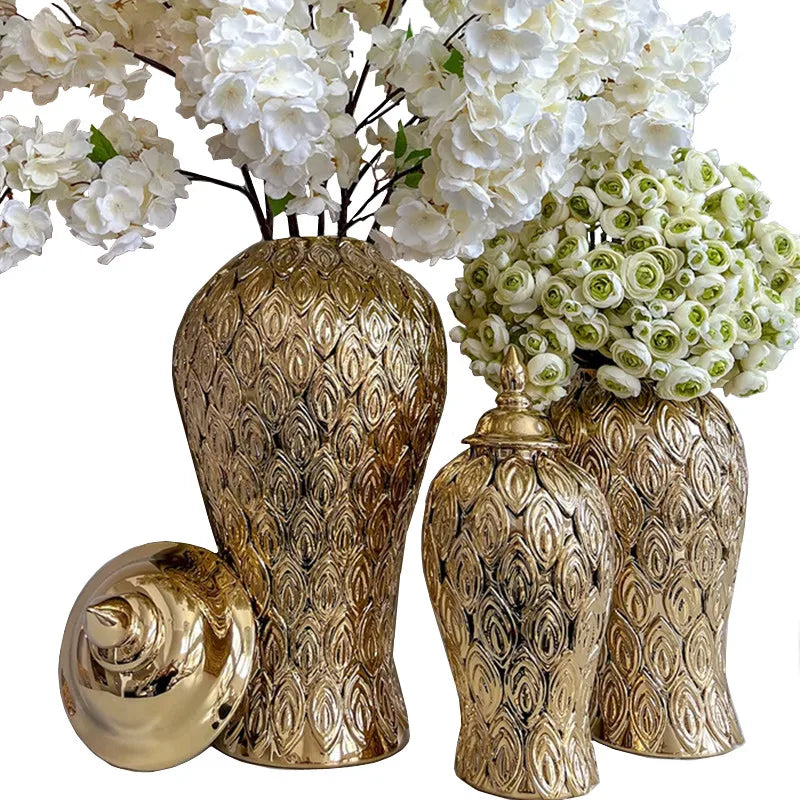 DecorBites™ Gold Ceramic Vintage Bottle Ginger Pot Flower Vase Decor Ornament