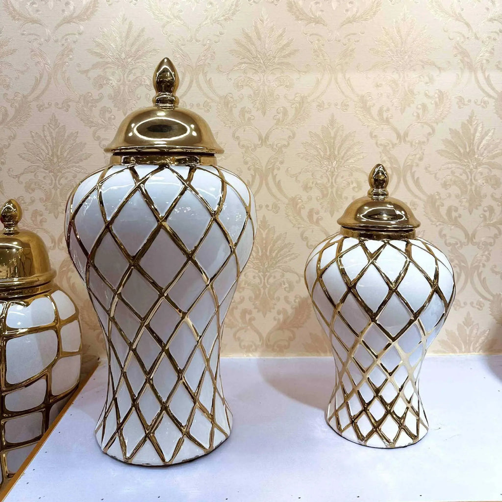 DecorBites™ Gold Diamond Porcelain Vase: Elegant Ceramic Home Decoration & Storage Jar