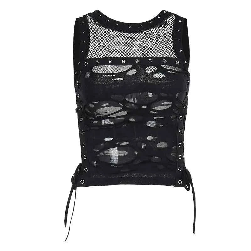 Gothic Crop Top T-Shirt for Women Sexy Fishnet Backless Steampunk
