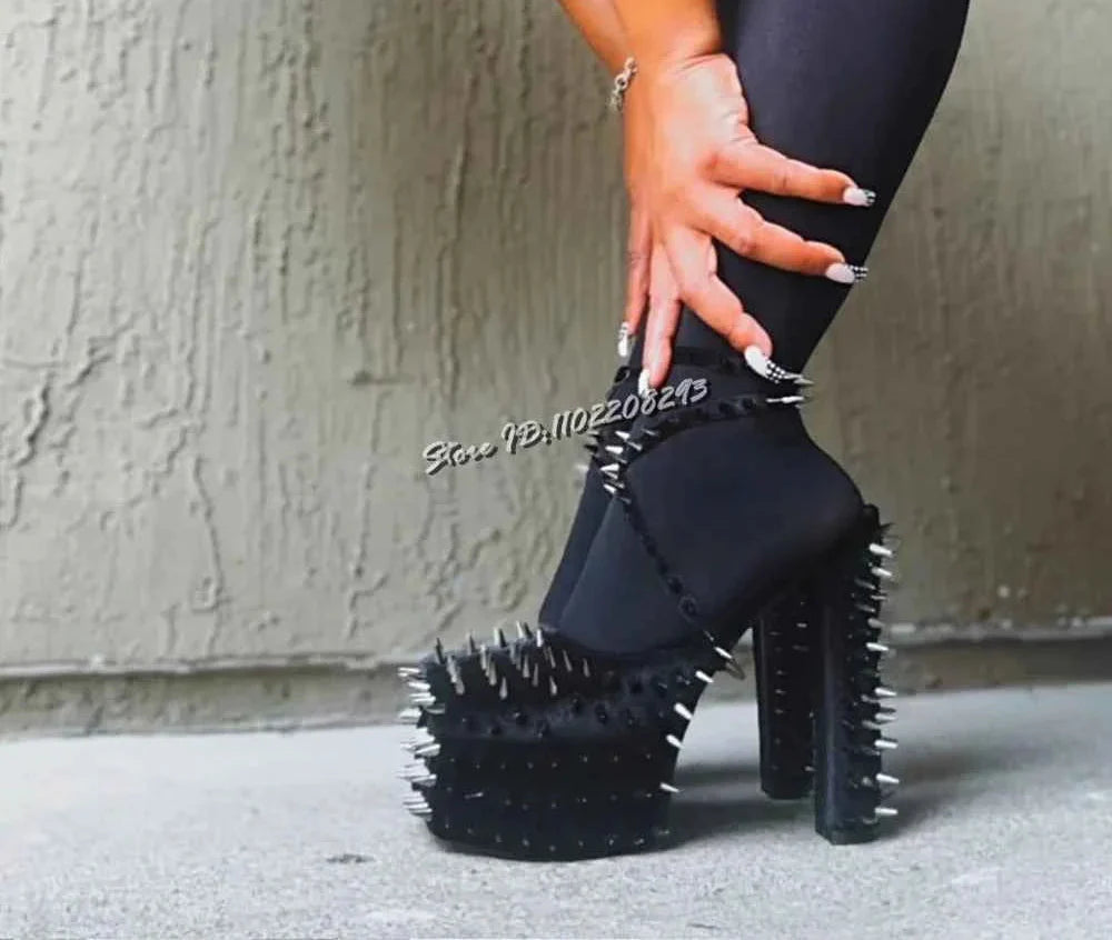 Spiked Square Toe Pumps Chunky High Heel Suede