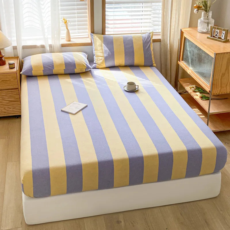 DecorBites™ Cotton Stripe Fitted Sheet- Single Cozy Mattress Cover with Elastic Band
