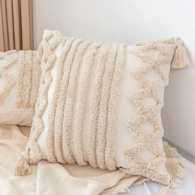 DecorBites™ Geometric Tufted Tassel Pillow Cover - Handcrafted Boho Chic Cushion Cover