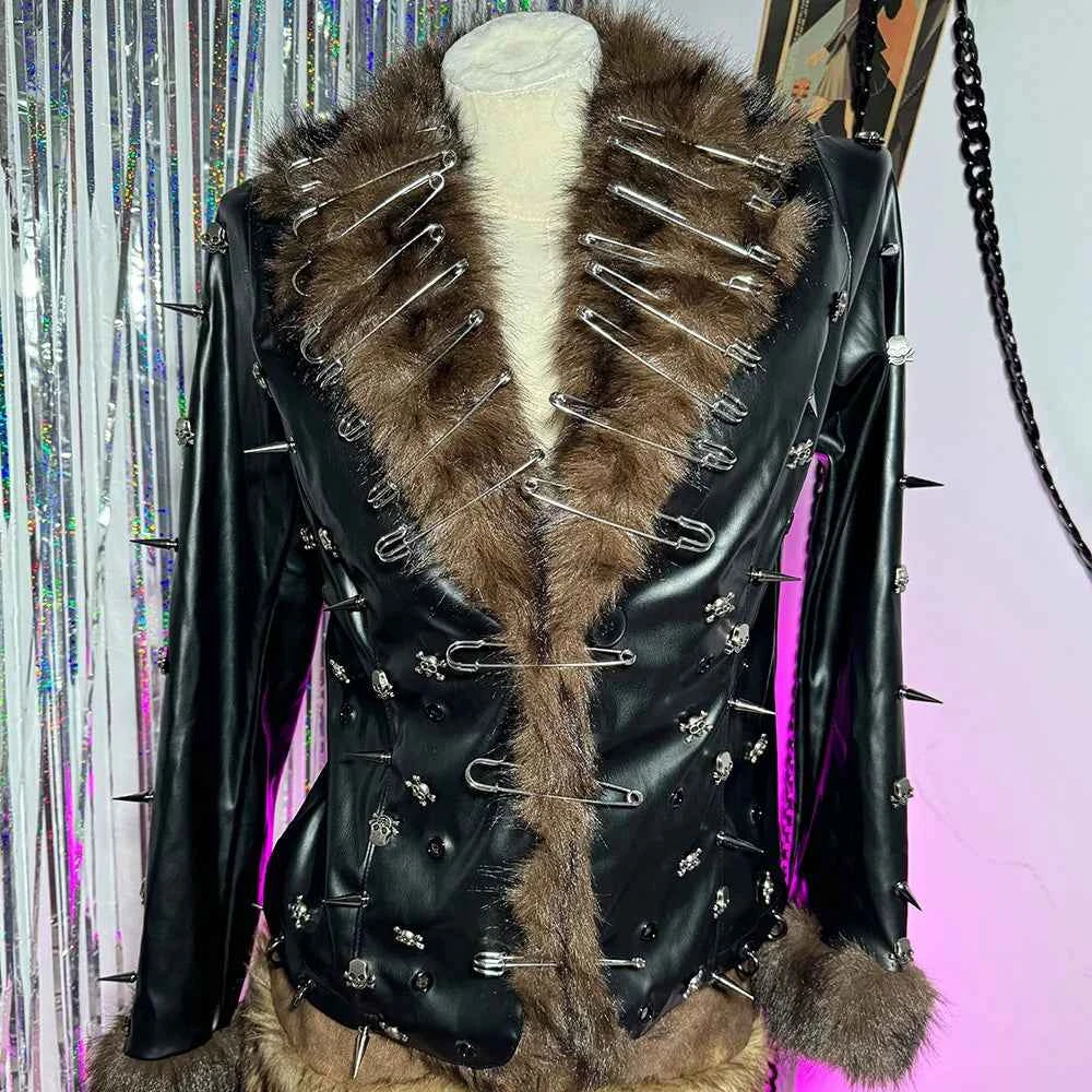Grunge Goth Hand Made Punk Rock Studded Y2K Vegan Leather Faux Fur Jacket Pin