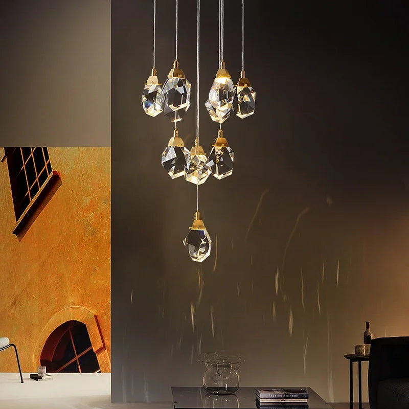 DecorBites™ Diamond Crystal Chandelier Staircase LED Golden Chandeliers Lighting for Luxurious Home Décor