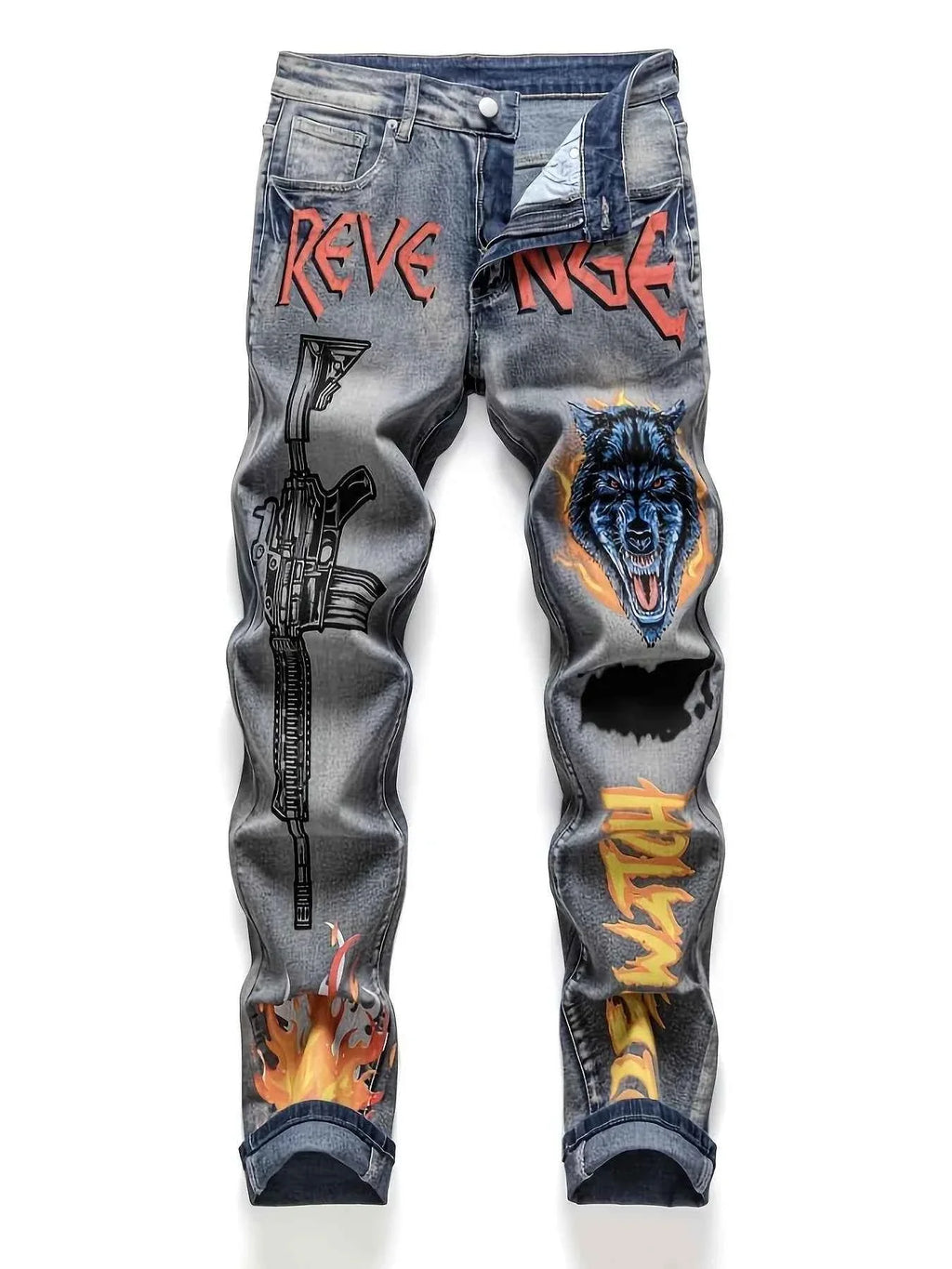 New M4 Wolf Head Flame Print Y2K Full Sweep Retro Trend Straight Pants