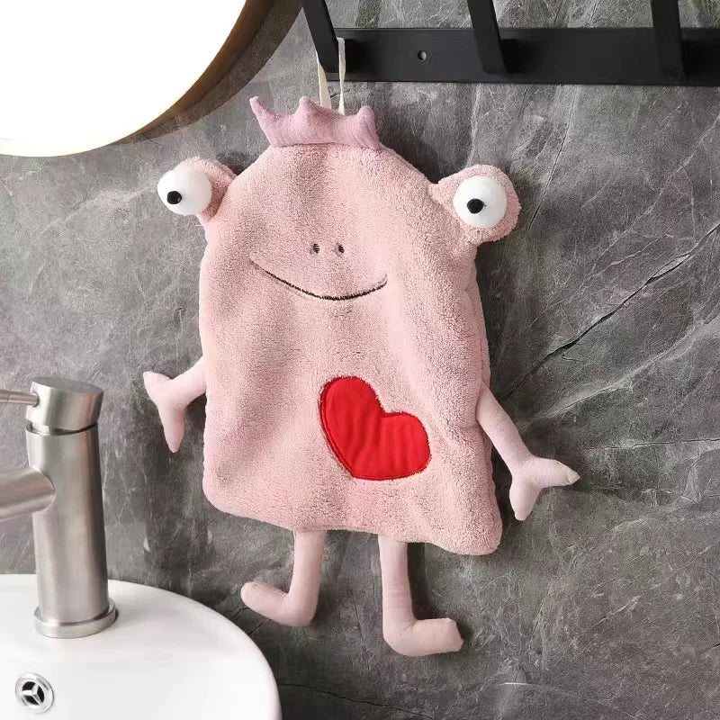 DecorBites™ Frog Design Hand Towel - Soft Coral Velvet, Kids Friendly, Absorbent & Multipurpose