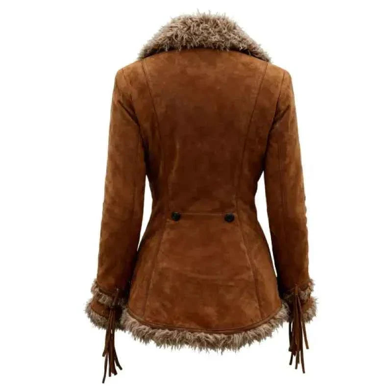 Women's Vintage Suede Jacket Fur Collar Lapel Jacket Warm High Grade