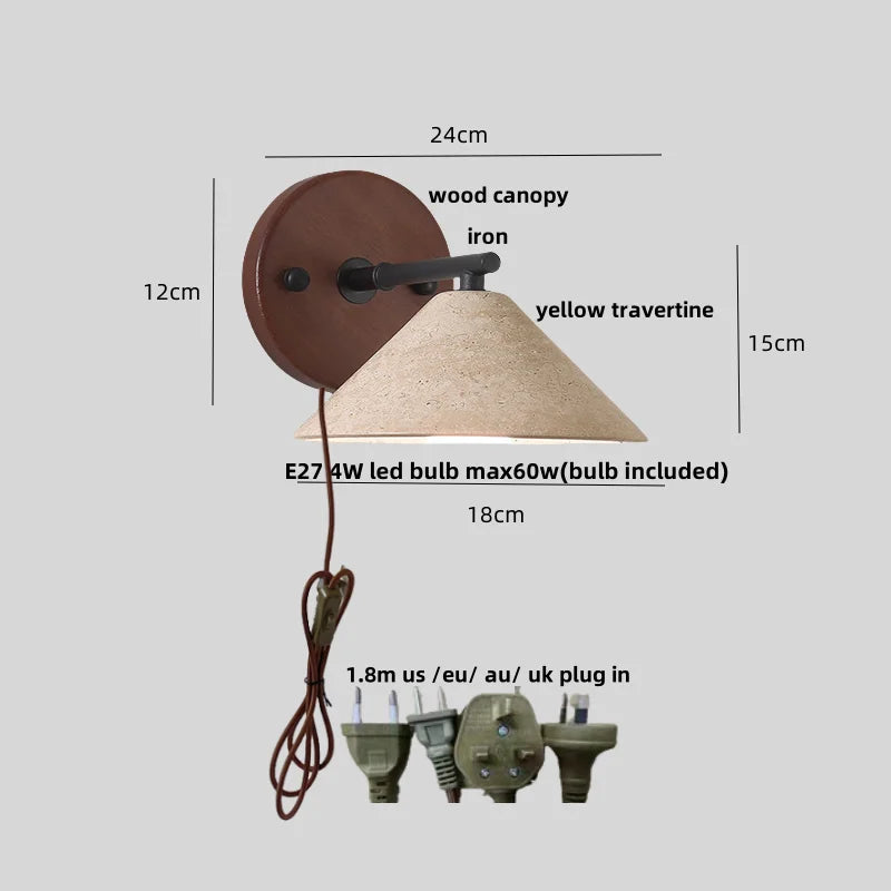 DecorBites™ Iron Yellow Travertine Wall Lights, Pull Chain Switch, LED Sconce for Bedroom, Bathroom.
