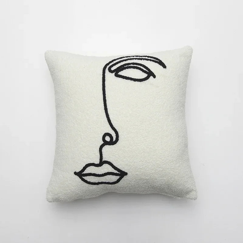 DecorBites™ Lambswool Face Embroidered Cushion Cover 45x45 - Beige White Abstract Art Pillowcase