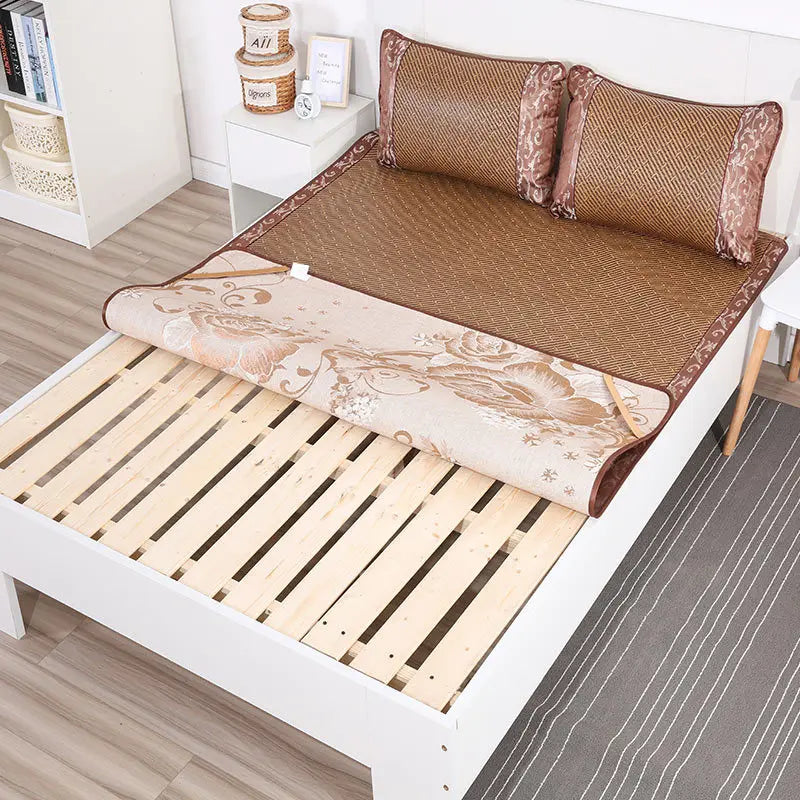 DecorBites™ Jacquard Cool Down Rattan Mat - Natural Rattan & Ice Rayon Bed Cooling Mat