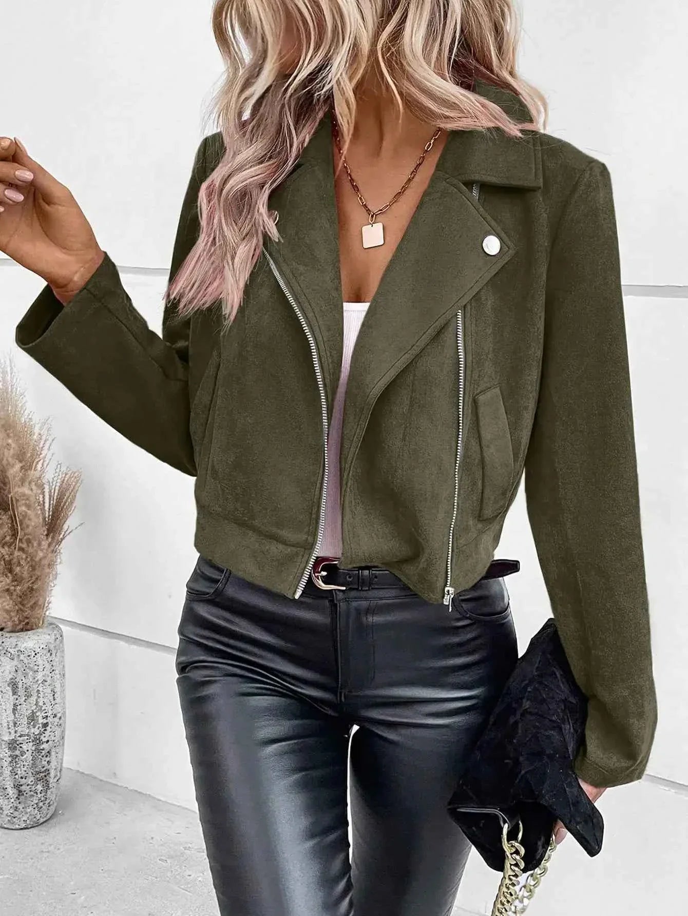 Faux Suede Women's Bomber Jacket Zipper