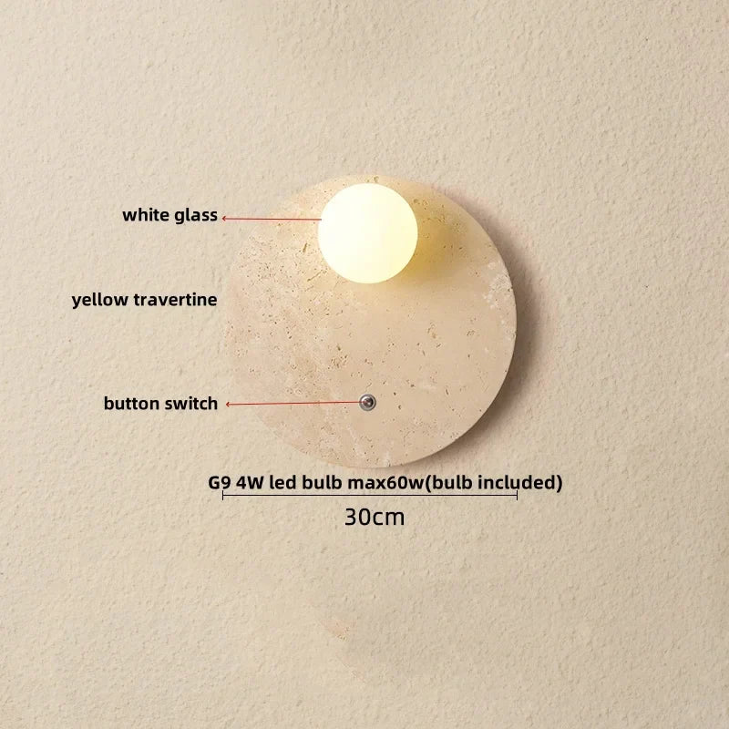 DecorBites™ LED Button Switch Wall Light in Yellow Travertine White Glass - Modern Nordic Design