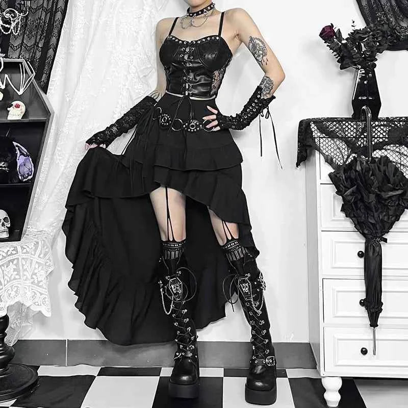Goth Dark Kawaii Black Tiered Skirt 90S Retro Irregular Hem