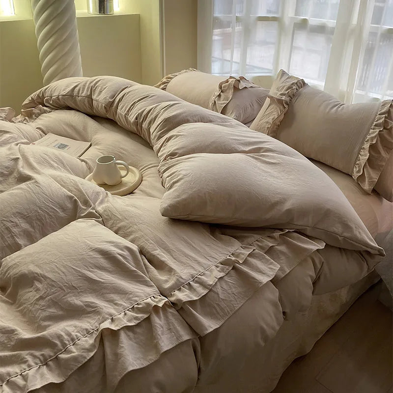DecorBites™ Korean Princess Ruffles Bedding Set - Soft Microfiber, Duvet Cover Pillowcases - All Sizes