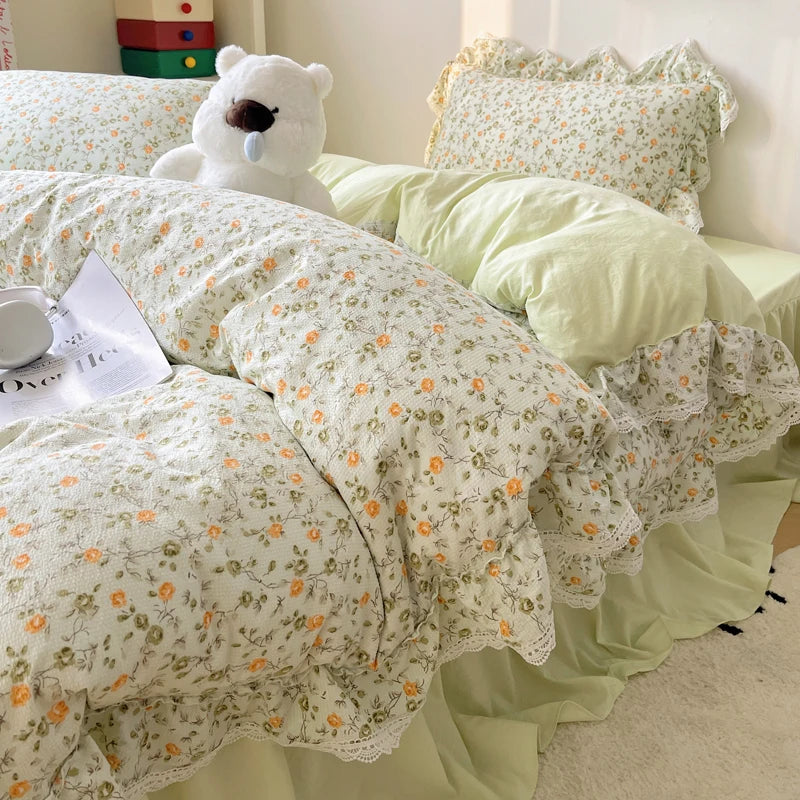 DecorBites™ Korean Lace Ruffles Bedding Set with Bed Skirt, Soft Skin-Friendly Material