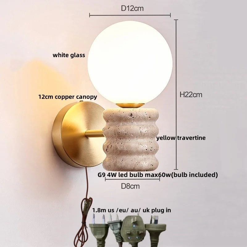 DecorBites™ Japanese LED Wall Lamp, Pull Chain Switch, Yellow Travertine Glass, White Shade