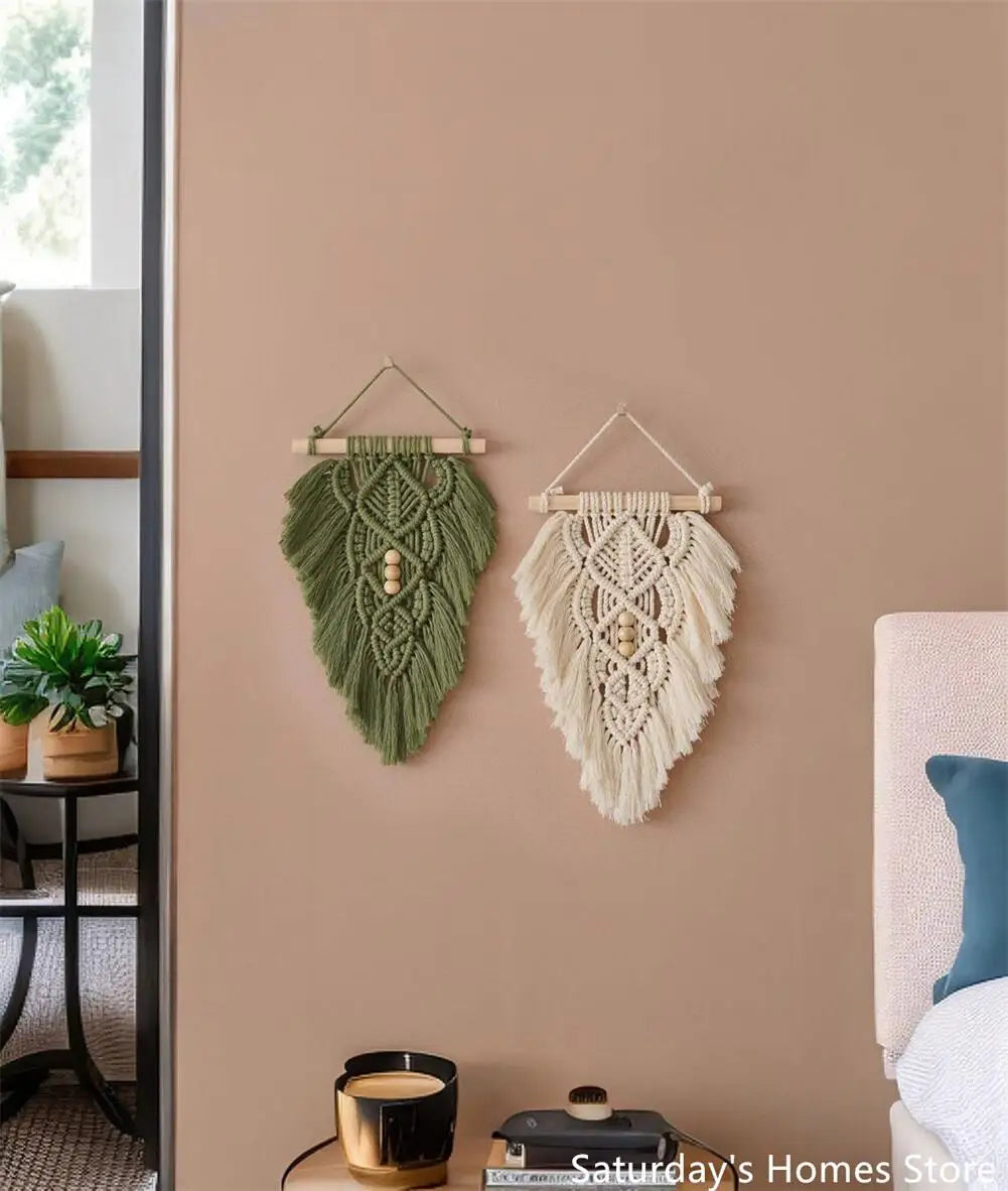 DecorBites™ Handmade Macrame Leaf Hanging Tapestry Wall Decoration Mini Tapestry with Wood Stick