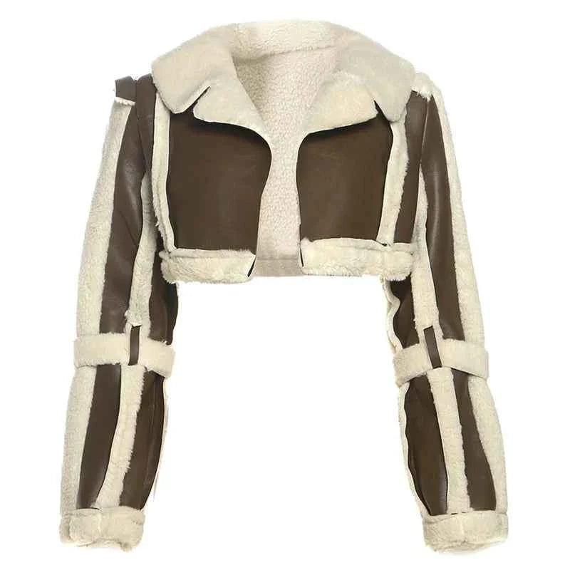 Furry Patchwork Women's Crop Jacket Warm Outwear Basic