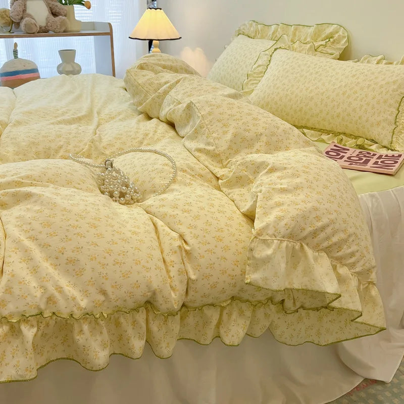 DecorBites™ Korean Princess Floral Print Bedding Set in Washed Cotton for Girls