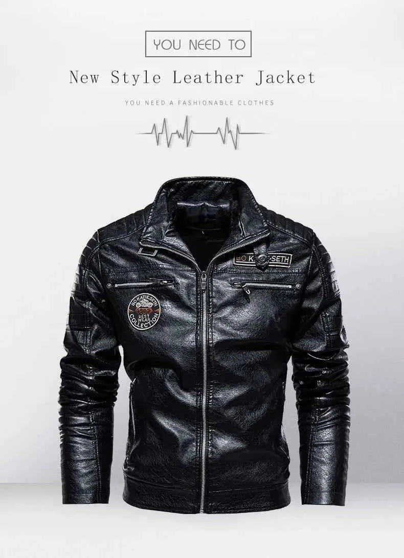 Leather Coat Men Winter Fleece Motorcycle Faux Leather  Removable Fur Collar