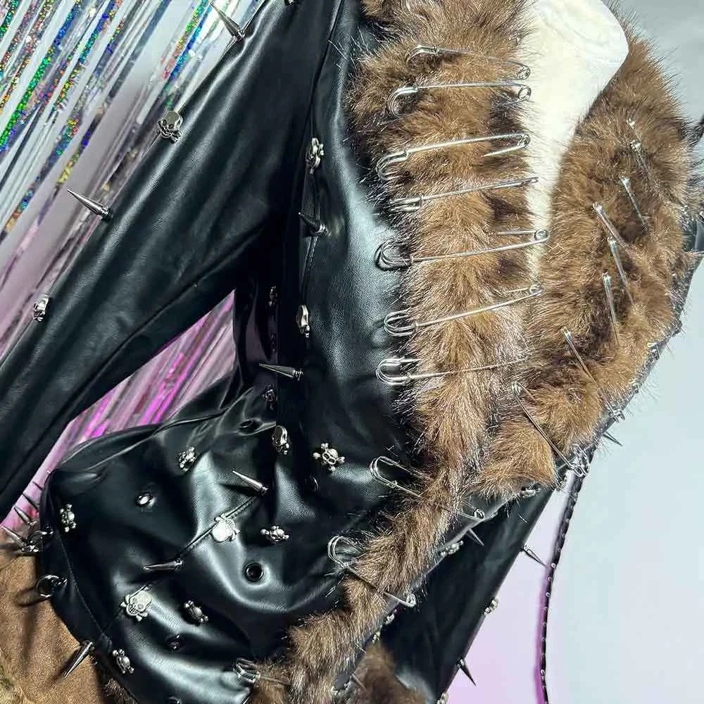 Grunge Goth Hand Made Punk Rock Studded Y2K Vegan Leather Faux Fur Jacket Pin