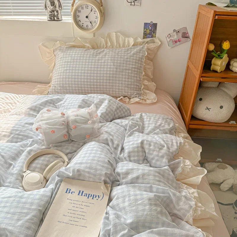 DecorBites™ Korean Grid Lace Washed Cotton Bedding Set, Cozy Comforter Cover Single Double Queen