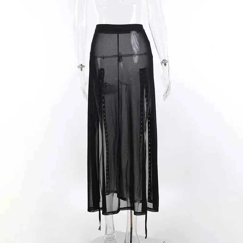 Goth Mesh Side Slit Skirt Lace Up