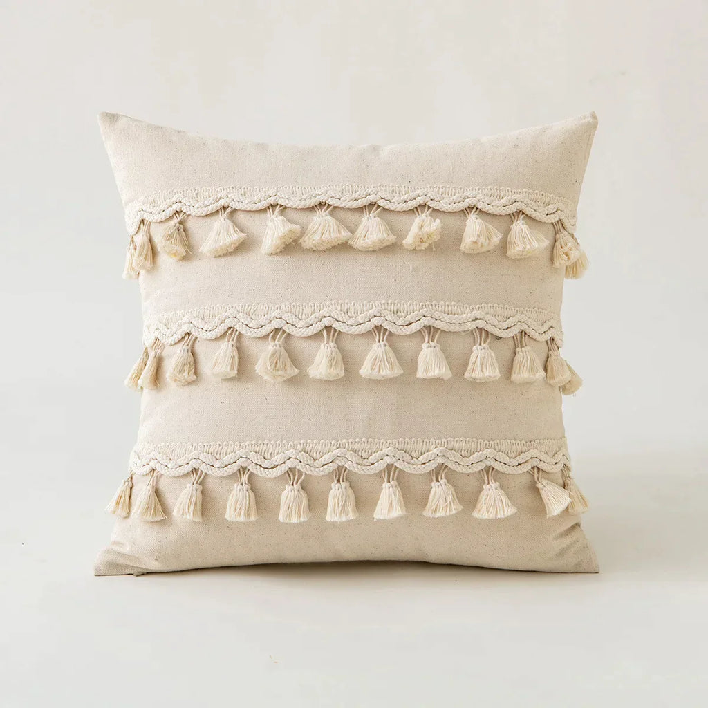 DecorBites™ Beige Tufted Fringed Cushion Cover Cotton Linen Tassel Crochet Pillow Cover