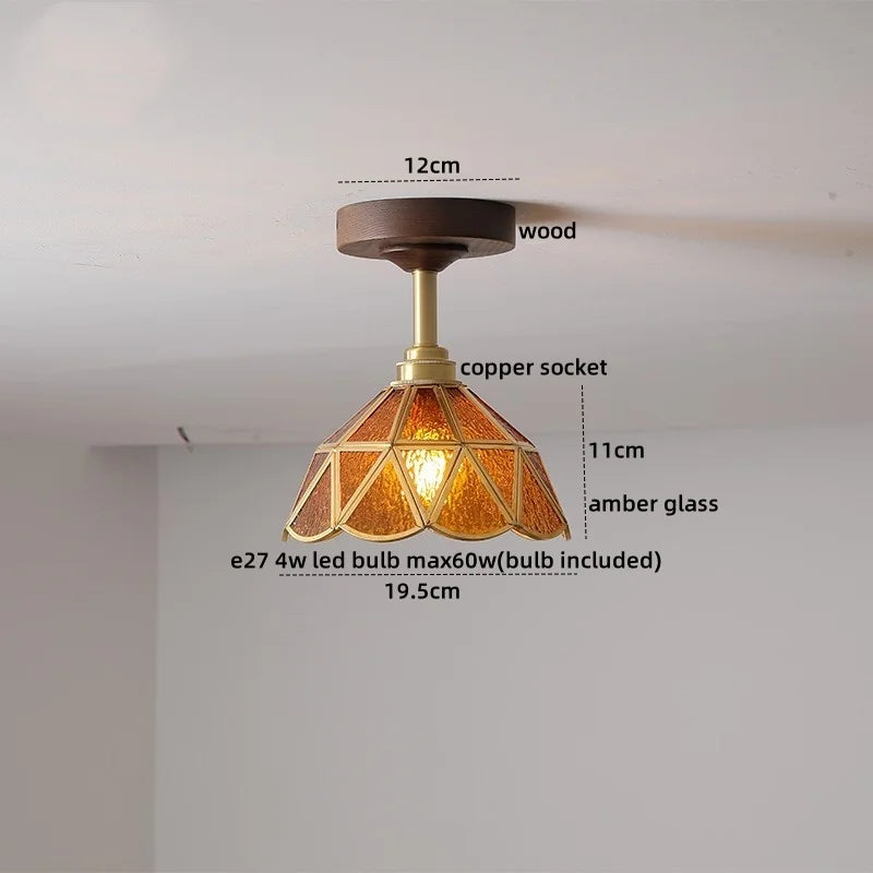 DecorBites™ Green Glass LED Ceiling Lights: Modern Copper Wood Indoor Lamp
