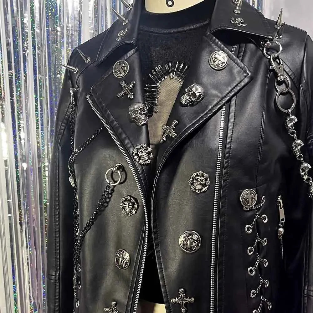 Women's Y2K Vegan Leather Skull Studded Rivets Jacket