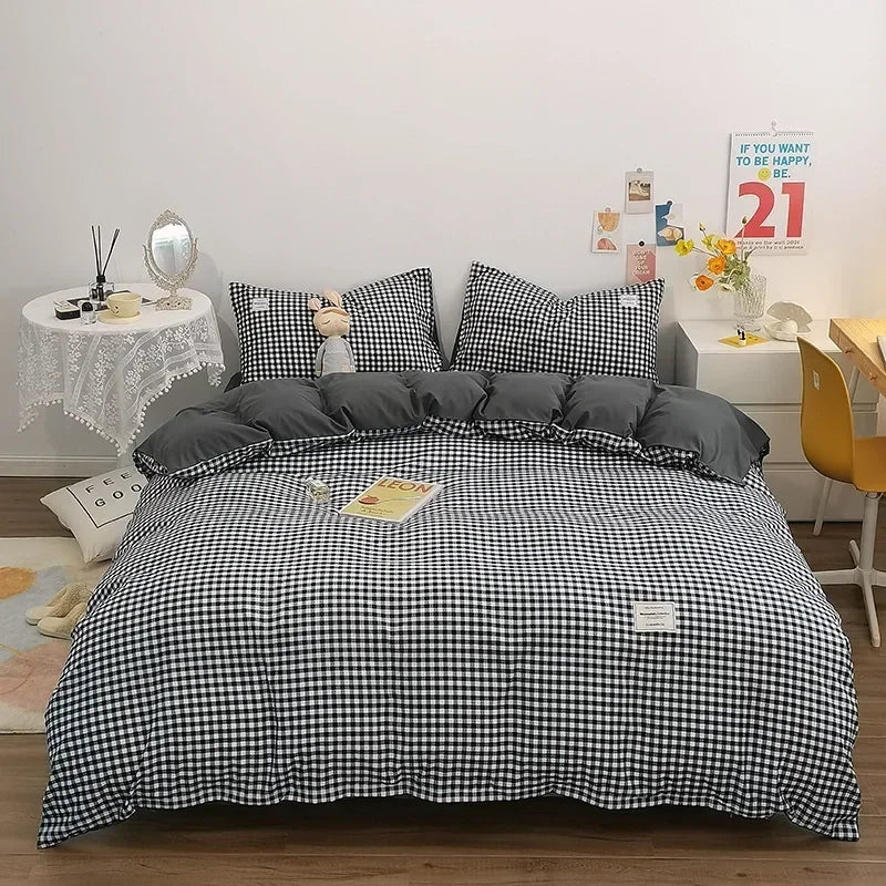 DecorBites™ Japanese Grid Print Bedding Set for All Seasons, Queen/King Size Quilt Cover