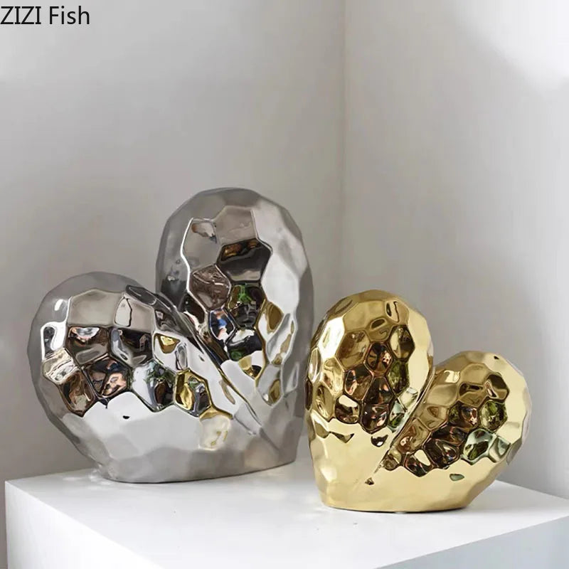 DecorBites™ Gold Heart Ceramic Statue Ornament - Irregular Heart Sculpture Decor Figurine