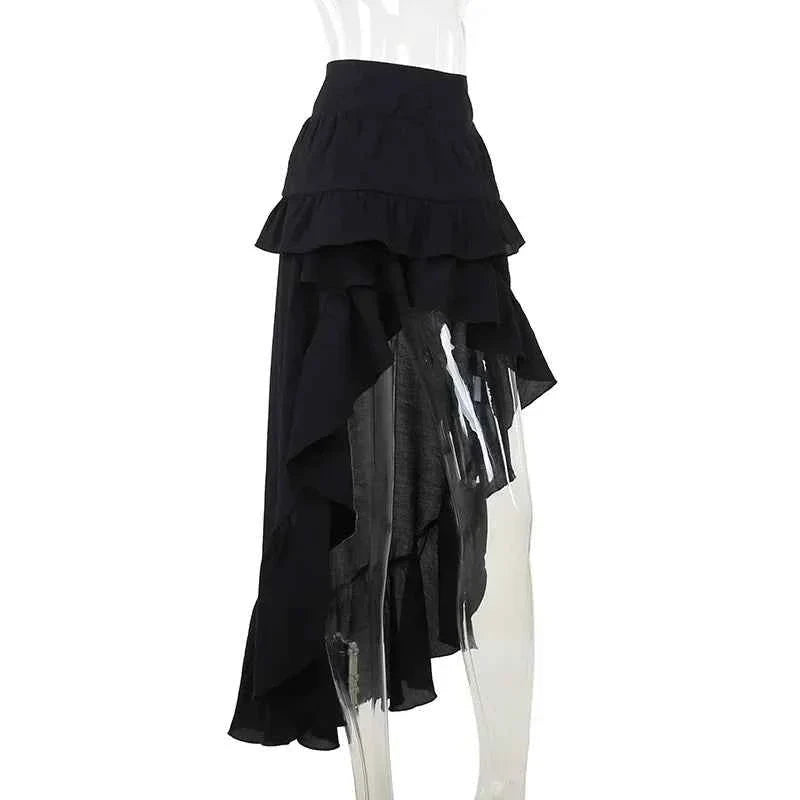 Goth Dark Kawaii Black Tiered Skirt 90S Retro Irregular Hem