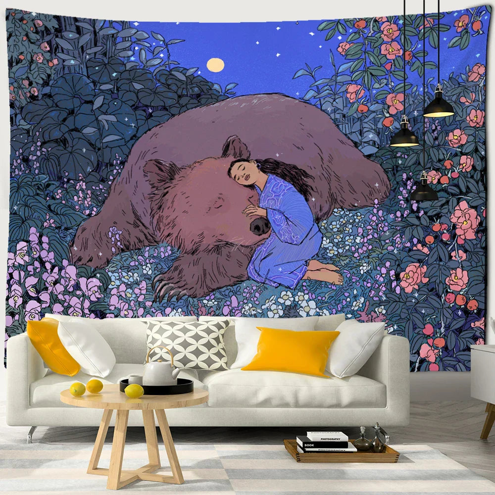 DecorBites™ Enchanted Forest Tapestry: Animals, Flowers, Moon - Home Decor