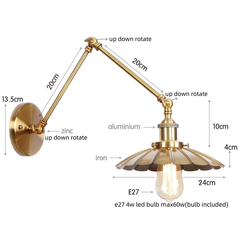 DecorBites™ Gold LED Industrial Wall Lamp with Pull Chain Switch