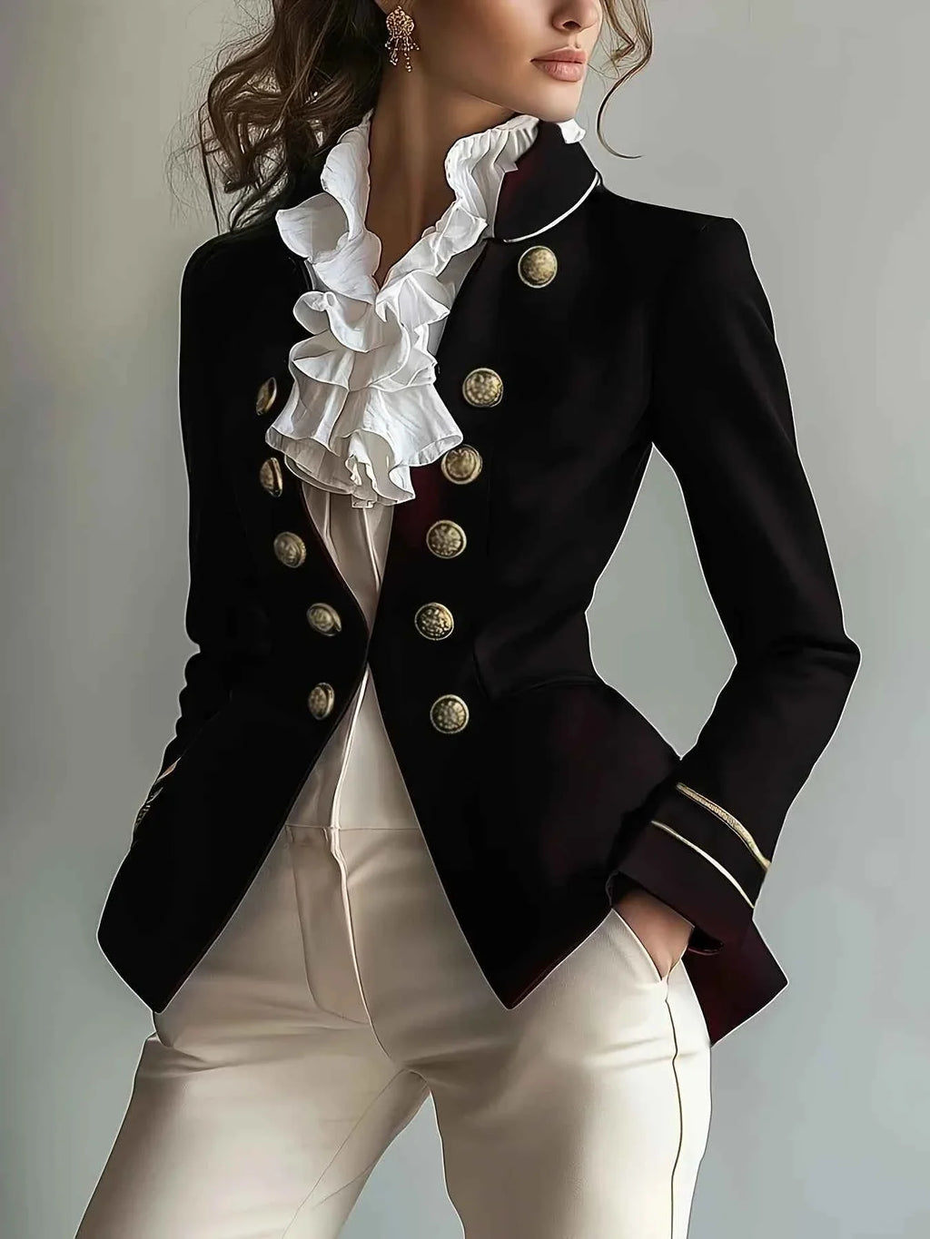 Elegant Black Double-Breasted Jacket with Golden Buttons Polyester Blend Formal Attire