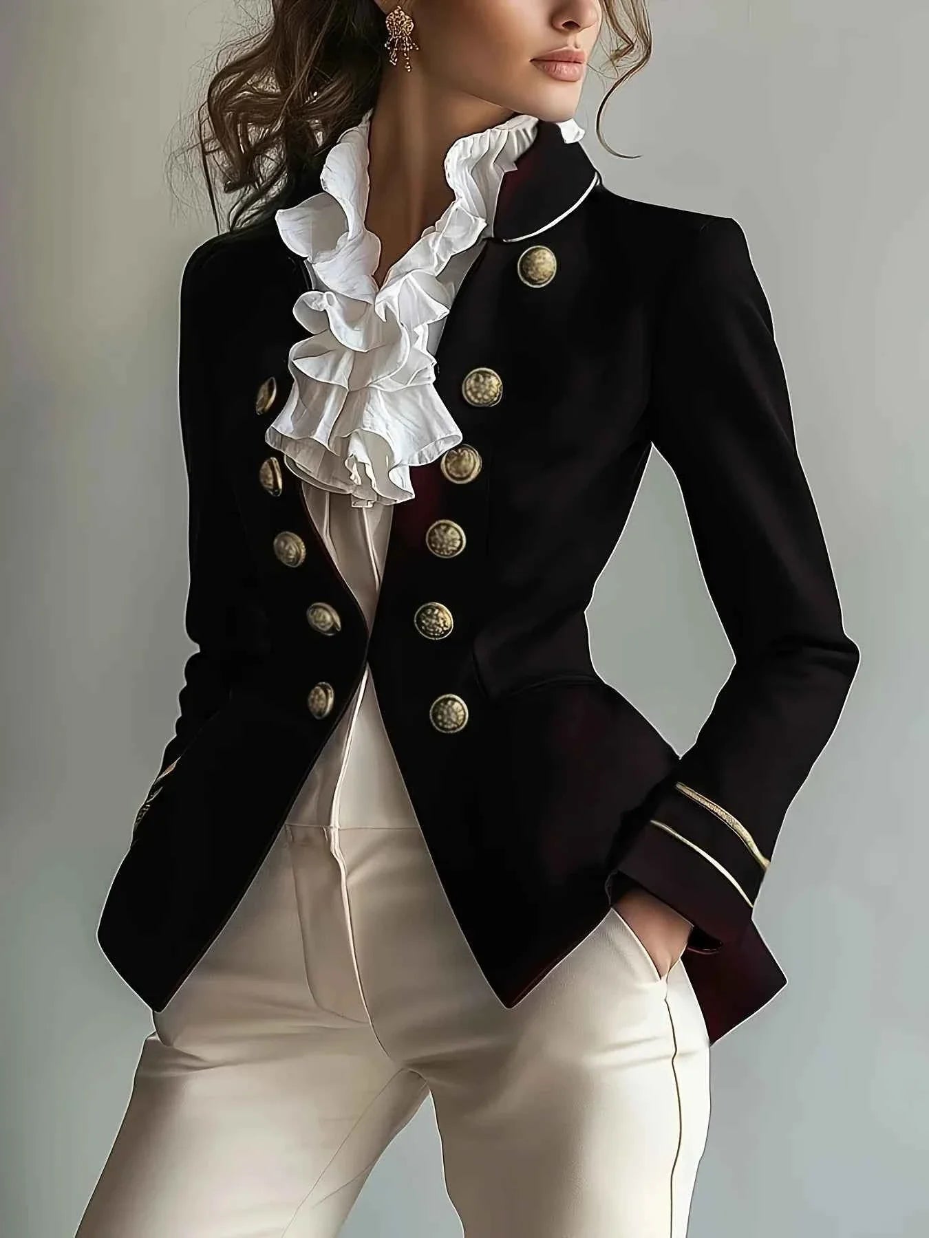 Elegant Black Double-Breasted Jacket with Golden Buttons Polyester Blend Formal Attire