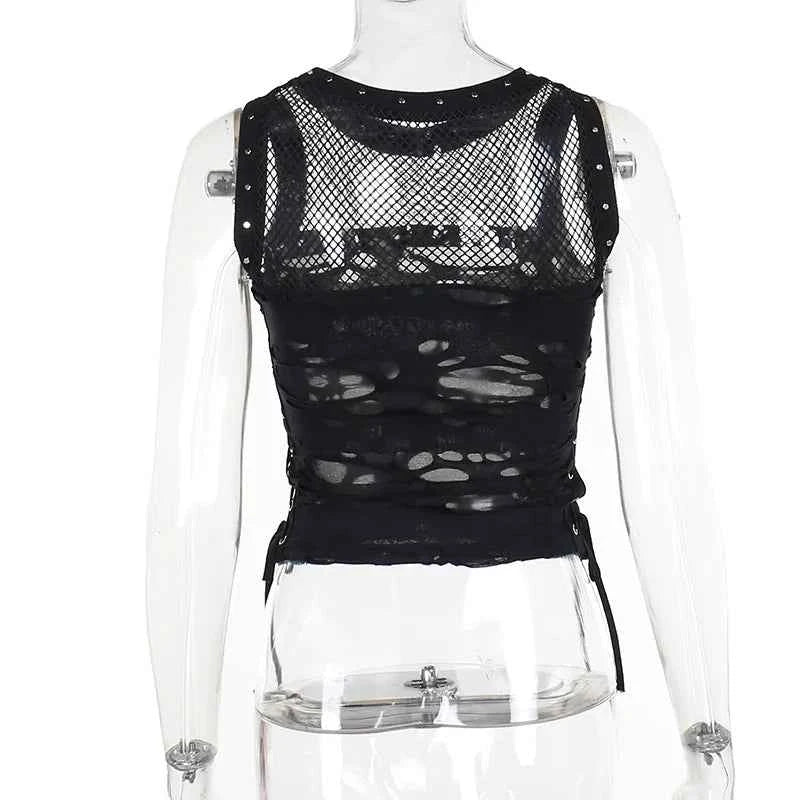 Gothic Crop Top T-Shirt for Women Sexy Fishnet Backless Steampunk
