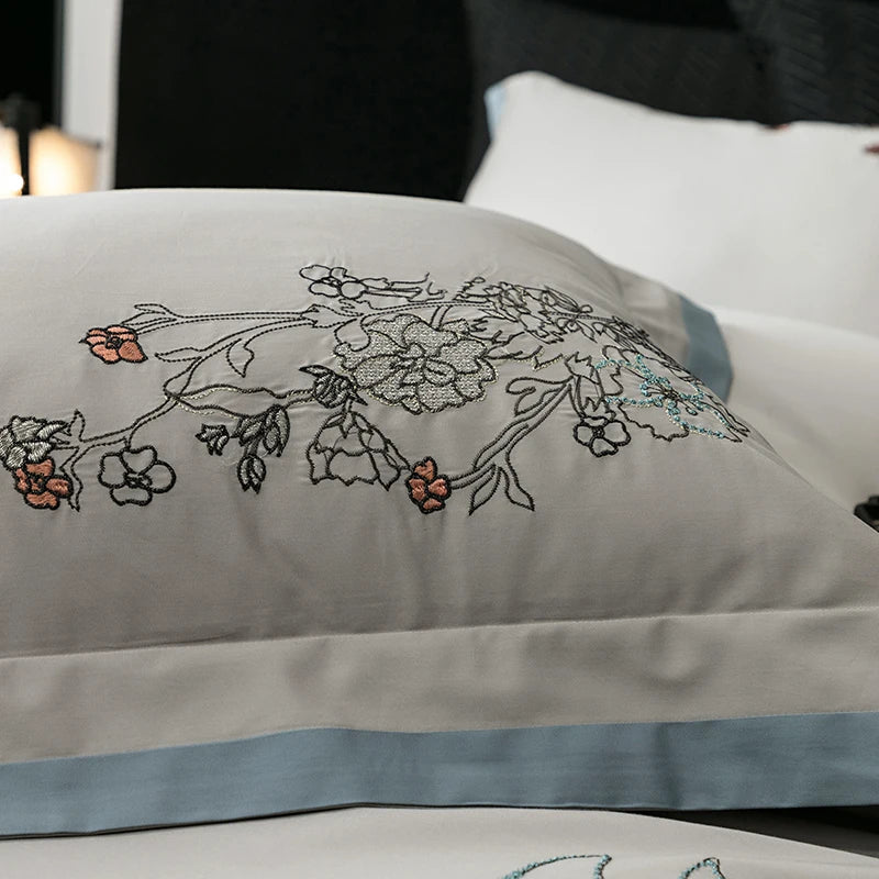 DecorBites™ Cotton Flowers Horse Embroidery Luxury Bedding Set - Duvet Cover, Bed Sheet, Pillowcases