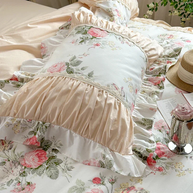 DecorBites™ Korean Princess Style Floral Cotton Bedding Set with Ruffles