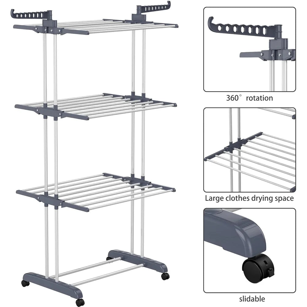 Foldable Plastic Clothes Drying Rack Laundry 4-Tier, Moveable Clothes Horse