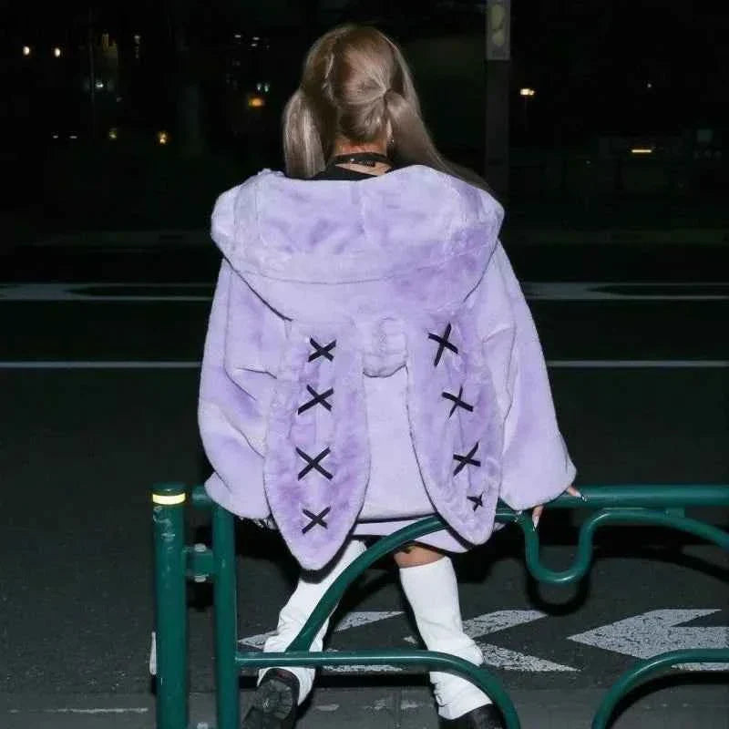 Women's Sweatshirts Rabbit Ears Punk Black Easter Collection Thickened Furry Zipper Oversized Y2k